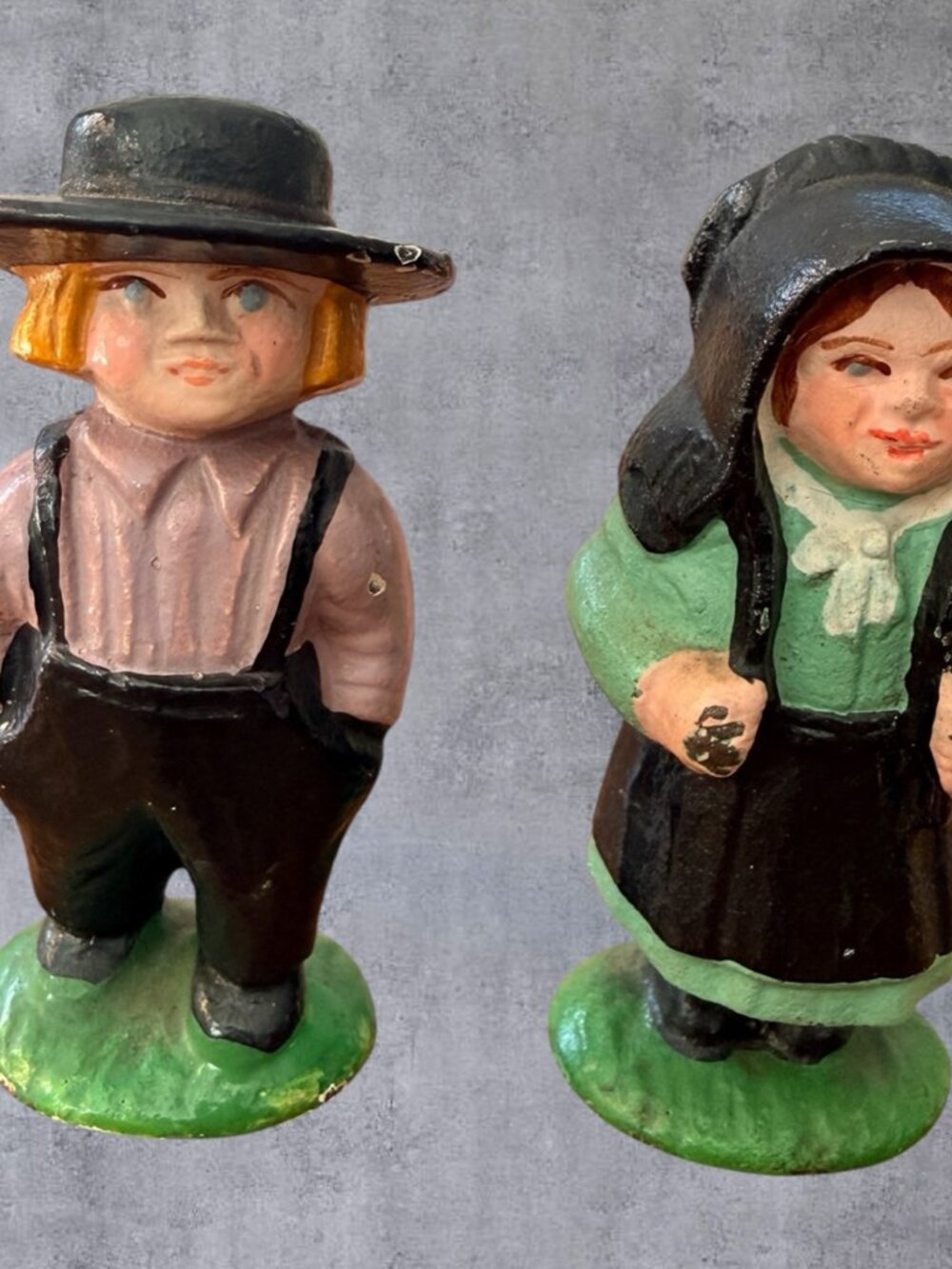 Vintage Miniature Cast Iron Amish Boy Girl Figurines PA Dutch Folk Art